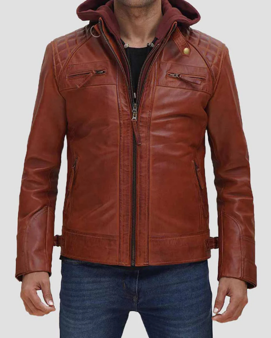 Men's Genuine Lambskin Removable Hooded Leather Jacket RXMJ0050