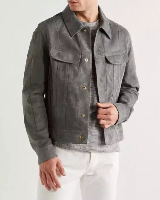 Men's Genuine Lambskin Suede Trucker Denim Jean Leather Jacket RXMJ0021