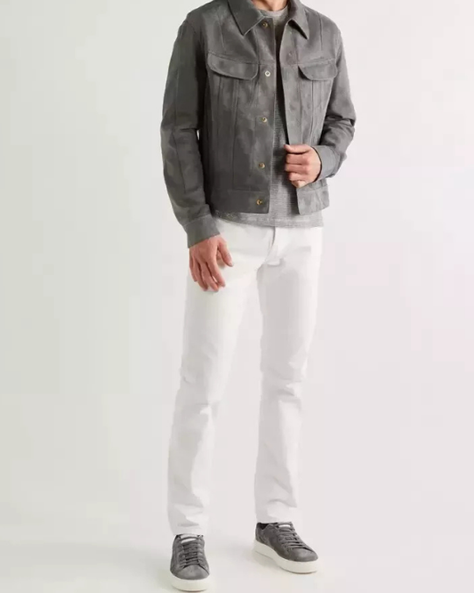Men's Genuine Lambskin Suede Trucker Denim Jean Leather Jacket RXMJ0021