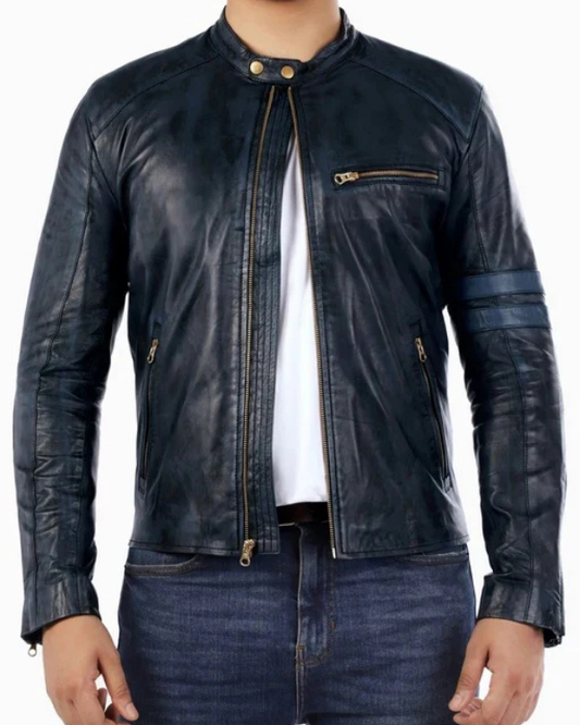 Men's Genuine Lambskin Leather Biker Jacket RXMJ0051