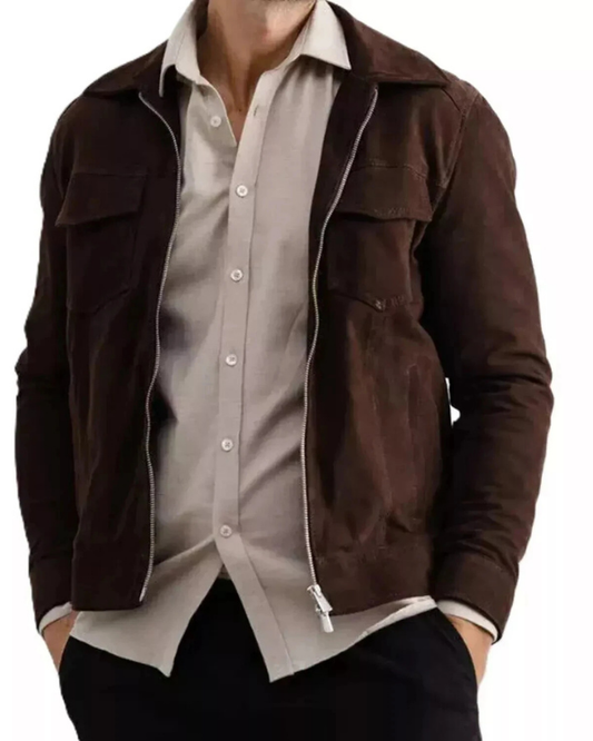 Men's Genuine Lambskin Suede Bomber Leather Jacket RXMJ0021
