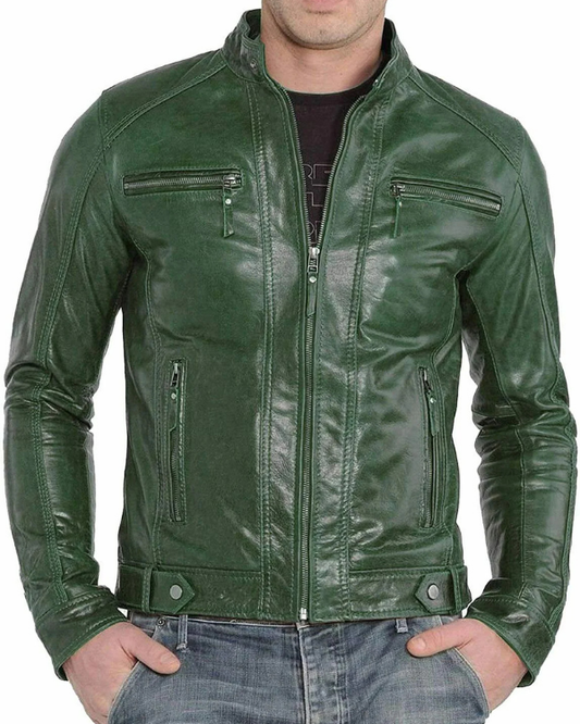 Men's Genuine Lambskin Leather Biker Jacket RXMJ0052