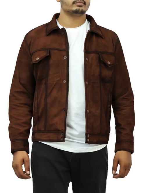 Men's Genuine Lambskin Suede Leather Shirt Denim Jacket RXMJ0049