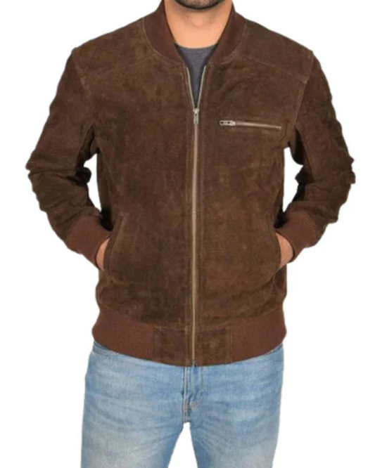 Men's Genuine Suede Lambskin Leather Bomber Jacket RXMJ0053