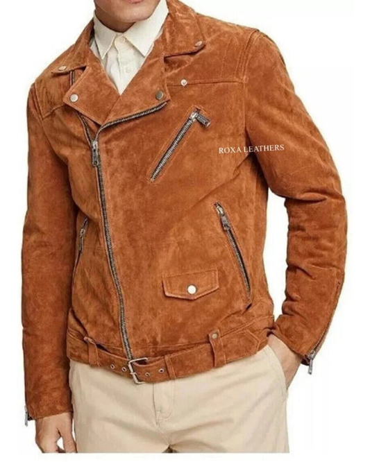 Men's Genuine Lambskin Suede Biker Leather Jacket RXMJ0026