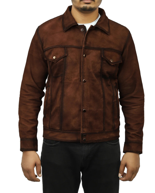 Men's Genuine Lambskin Suede Leather Shirt Denim Jacket RXMJ0049