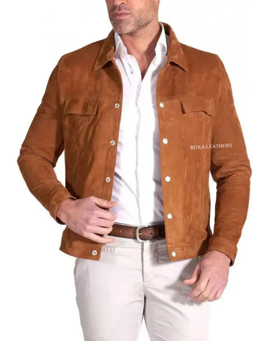 Men's Genuine Lambskin Suede Leather Jean Denim Trucker Jacket RXMJ0029