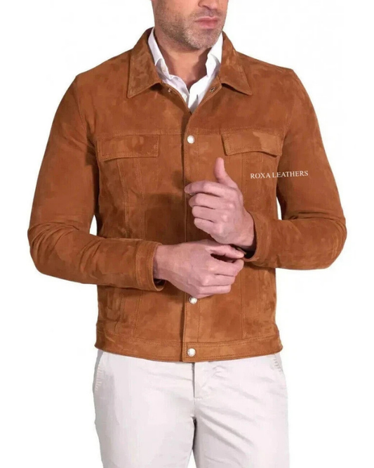 Men's Genuine Lambskin Suede Leather Jean Denim Trucker Jacket RXMJ0029
