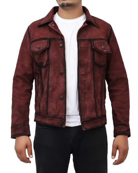 Men's Genuine Lambskin Suede Leather Shirt Denim Jacket RXMJ0047