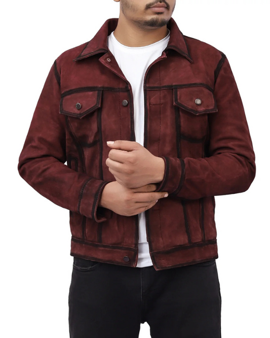 Men's Genuine Lambskin Suede Leather Shirt Denim Jacket RXMJ0047