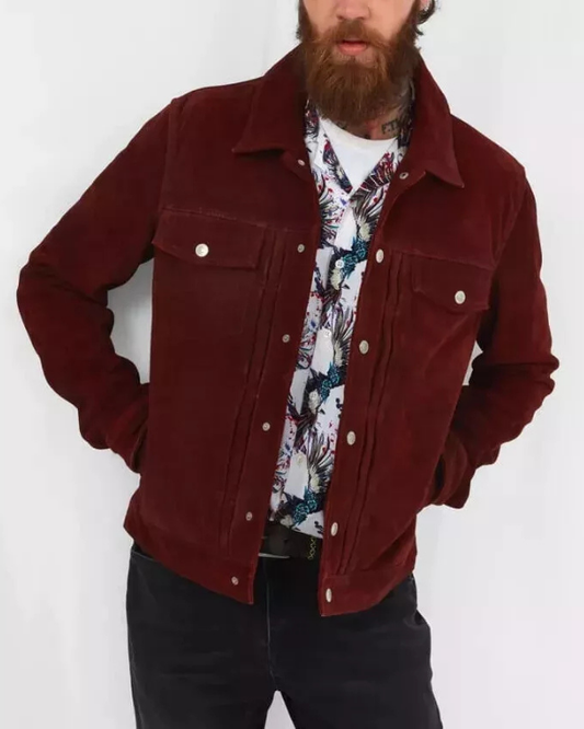 Men's Genuine Lambskin Suede Trucker Jean Leather Jacket RXMJ0020