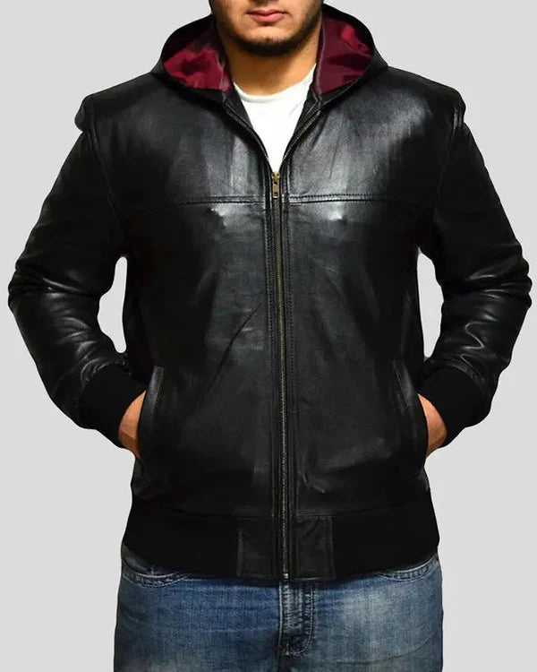 Blouson aviateur à capuche en cuir d'agneau véritable pour homme RXMJ0014