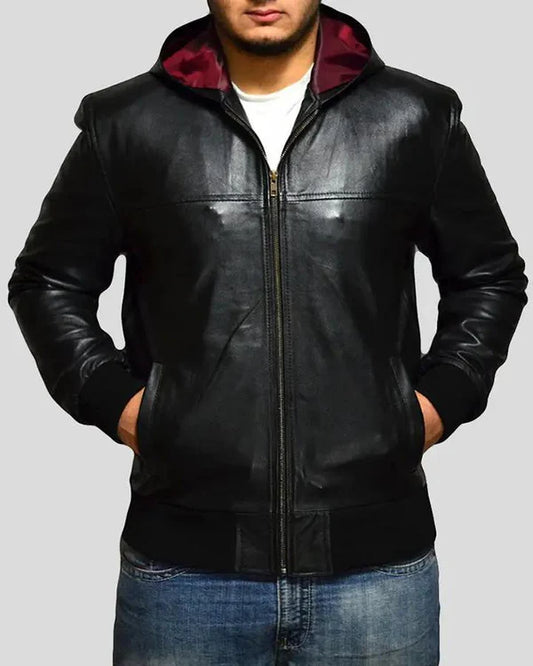 Men's Genuine Lambskin Bomber Hooded Leather Jacket RXMJ0014
