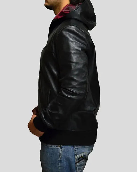 Men's Genuine Lambskin Bomber Hooded Leather Jacket RXMJ0014