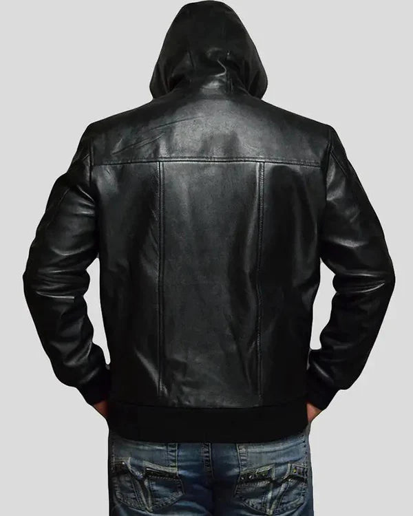 Blouson aviateur à capuche en cuir d'agneau véritable pour homme RXMJ0014