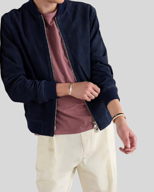 Men's Genuine Lambskin Bomber Suede Leather Jacket RXMJ0017
