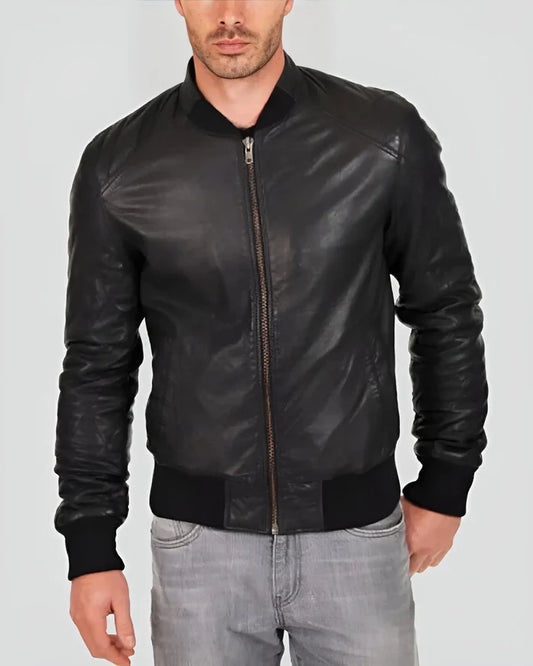 Men's Genuine Lambskin Bomber Leather Jacket RXMB008