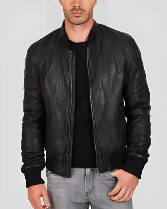 Men's Genuine Lambskin Bomber Leather Jacket RXMB008