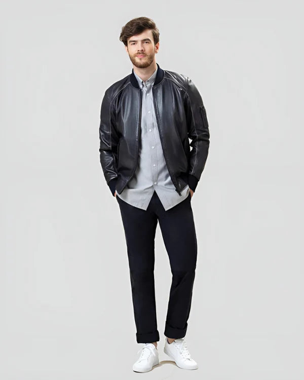 Blouson aviateur en cuir d'agneau véritable pour homme RXMB009