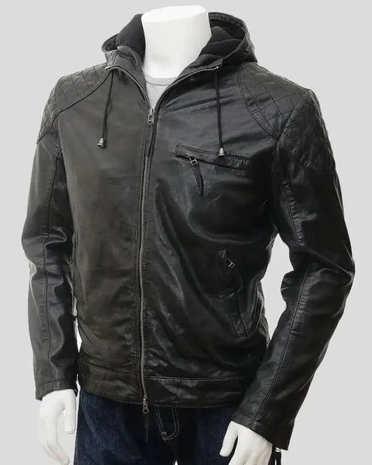 Men's Genuine Lambskin Real Hooded Leather Jacket RXMJ0017